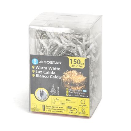Aigostar - LED Venkovní vánoční řetěz 150xLED/8 funkcí 18m IP44 teplá bílá