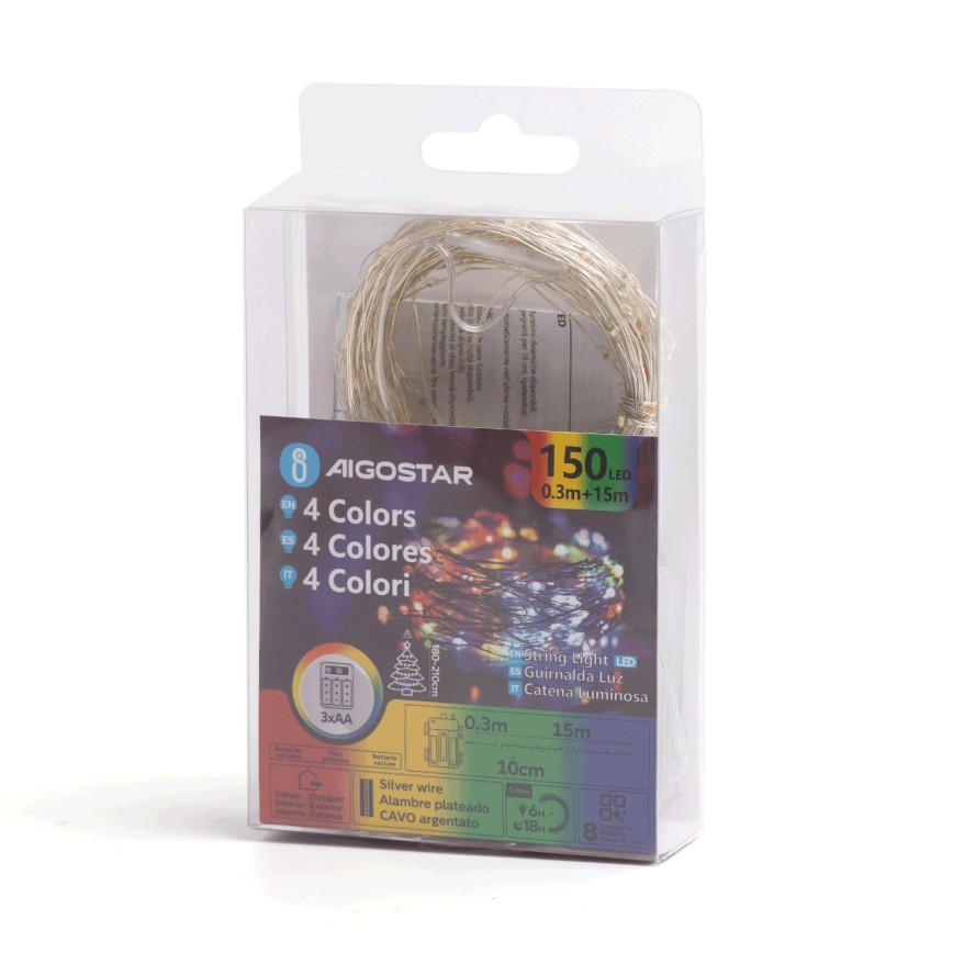 Aigostar - LED Venkovní vánoční řetěz 150xLED/8 funkcí/3xAA 15,3m IP44 multicolor