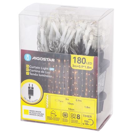 Aigostar - LED Venkovní vánoční řetěz 180xLED/8 funkcí 3,9x1,8m IP44 teplá bílá