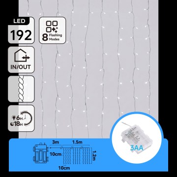 Aigostar - LED Venkovní vánoční řetěz 192xLED/8 funkcí 3xAA 4,5x1,2m IP44 studená bílá