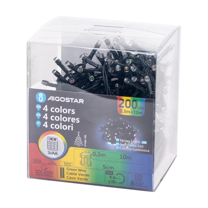 Aigostar -LED Venkovní vánoční řetěz 200xLED/8 funkcí 3xAA 10,3m IP44 multicolor