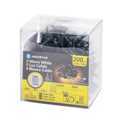 Aigostar - LED Venkovní vánoční řetěz 200xLED/8 funkcí 3xAA 10,3m IP44 teplá bílá
