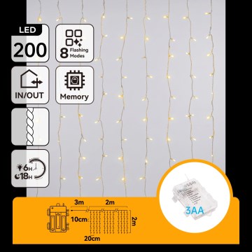 Aigostar - LED Venkovní vánoční řetěz 200xLED/8 funkcí 3xAA 5x2m IP44 teplá bílá