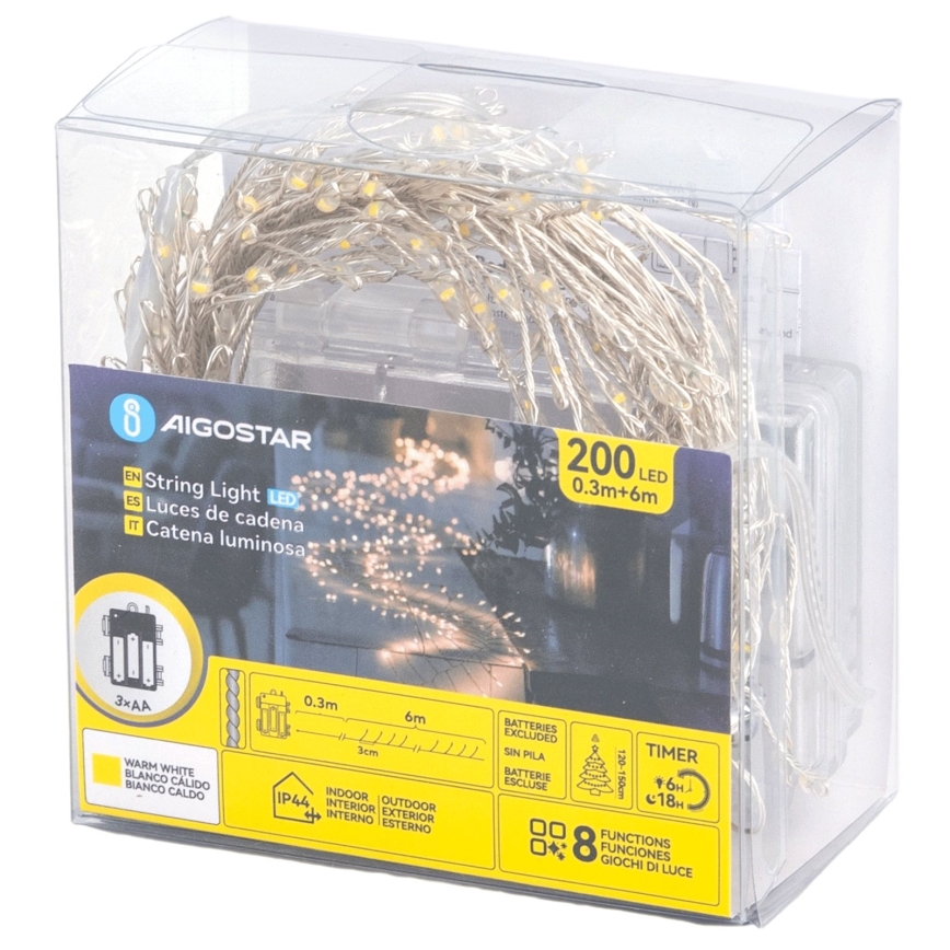 Aigostar - LED Venkovní vánoční řetěz 200xLED/8 funkcí 3xAA 6,3m IP44 teplá bílá