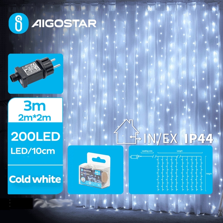 Aigostar - LED Venkovní vánoční řetěz 200xLED/8 funkcí 5x2m IP44 studená bílá