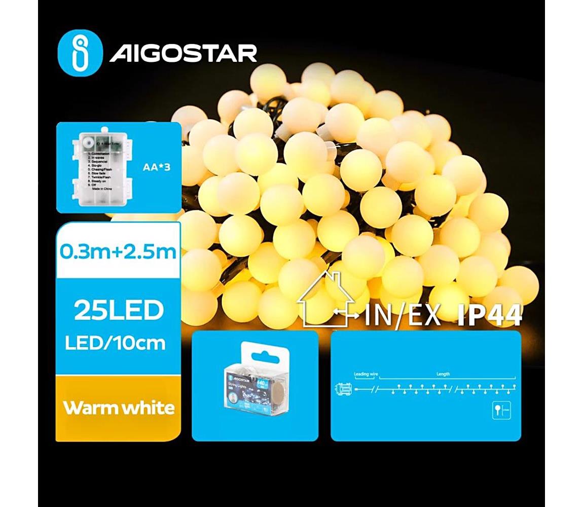 Aigostar B.V. Aigostar-LED Venkovní vánoční řetěz 25xLED/3xAA/8 funkcí 2,8 m IP44 teplá bílá AI1145