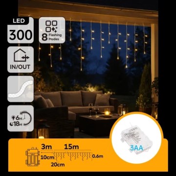 Aigostar - LED Venkovní vánoční řetěz 300xLED/8 funkcí 3xAA 18x0,6 m IP44 teplá bílá