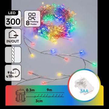Aigostar - LED Venkovní vánoční řetěz 300xLED/8 funkcí 3xAA 9,3m IP44 multicolor