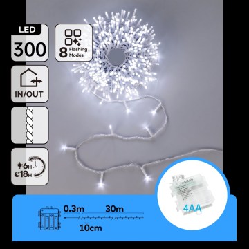Aigostar - LED Venkovní vánoční řetěz 300xLED/8 funkcí 4xAA 30m IP44 studená bílá