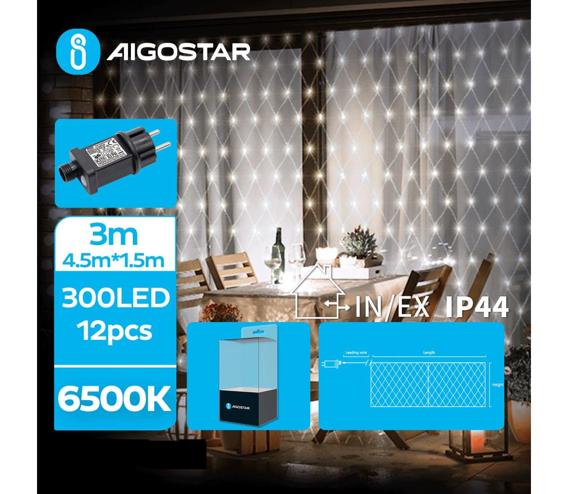 Aigostar B.V. Aigostar- LED Venkovní vánoční řetěz 300xLED/8 funkcí 7,5x1,5m IP44 studená bílá AI0501