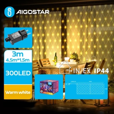 Aigostar - LED Venkovní vánoční řetěz 300xLED/8 funkcí 7,5x1,5m IP44 teplá bílá