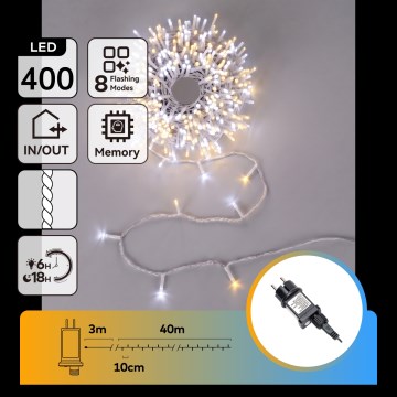 Aigostar - LED Venkovní vánoční řetěz 400xLED/8 funkcí 43m IP44 teplá bílá/studená bílá