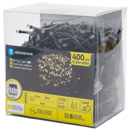 Aigostar - LED Venkovní vánoční řetěz 400xLED/8 funkcí 4xAA 20,3 m IP44 teplá bílá