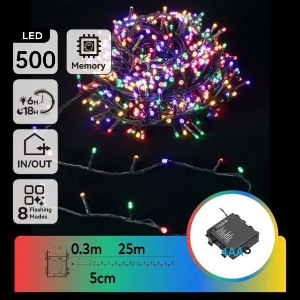 Aigostar - LED Venkovní vánoční řetěz 500xLED/8 funkcí 4xAA 25,3 m IP44 multicolor