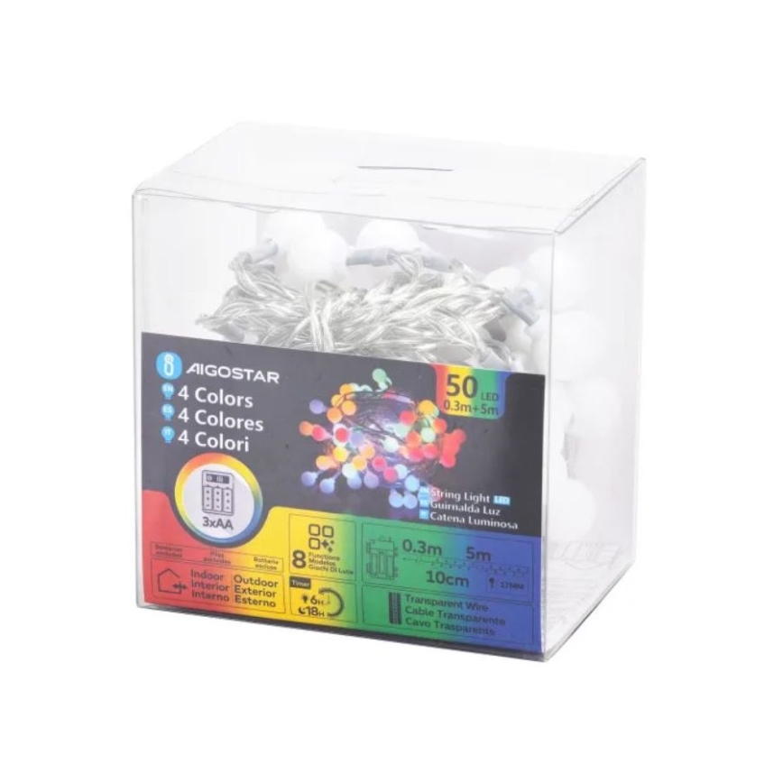 Aigostar - LED Venkovní vánoční řetěz 50xLED/3xAA/8 funkcí 5,3 m IP44 multicolor