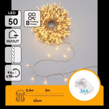 Aigostar - LED Venkovní vánoční řetěz 50xLED/8 funkcí 3xAA 5,3m IP44 teplá bílá