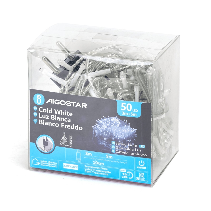 Aigostar - LED Venkovní vánoční řetěz 50xLED/8 funkcí 8m IP44 studená bílá