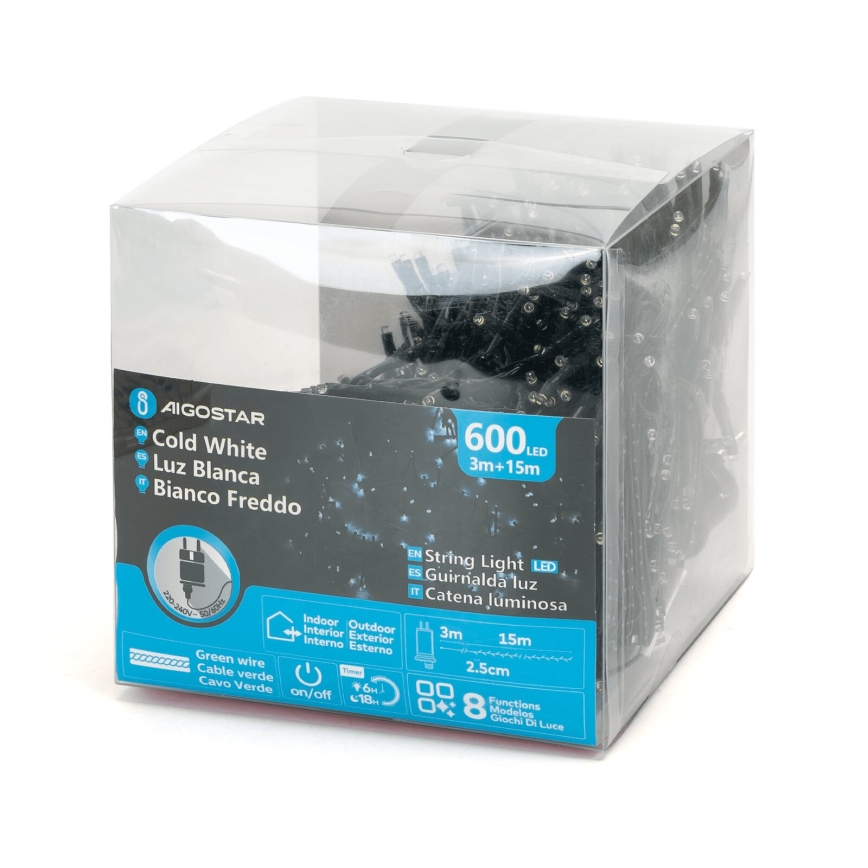 Aigostar - LED Venkovní vánoční řetěz 600xLED/8 funkcí 18m IP44 studená bílá