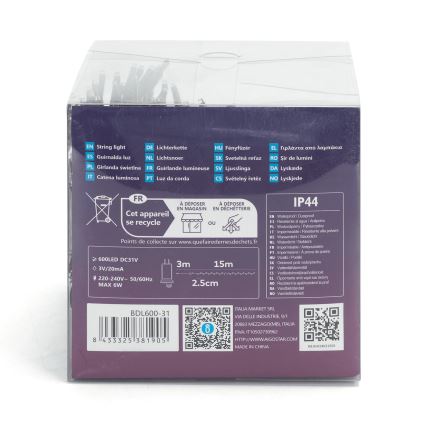 Aigostar - LED Venkovní vánoční řetěz 600xLED/8 funkcí 18m IP44 studená bílá