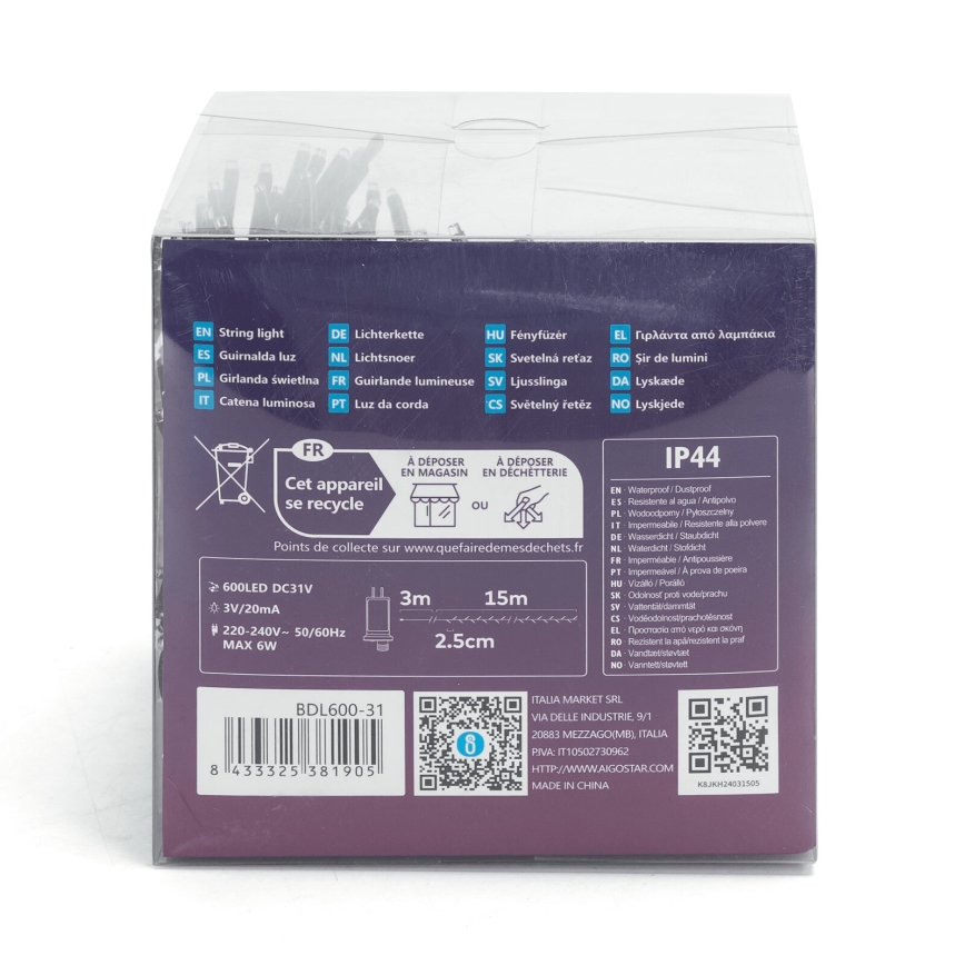 Aigostar - LED Venkovní vánoční řetěz 600xLED/8 funkcí 18m IP44 studená bílá