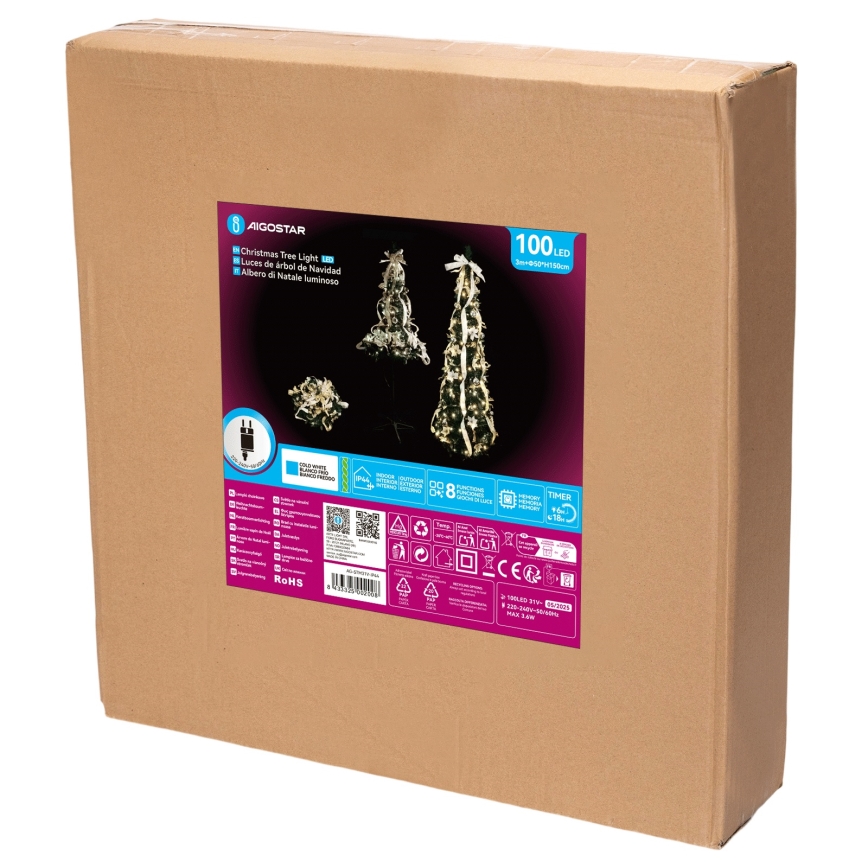 Aigostar - LED Venkovní vánoční strom 100xLED 1,5m IP44 bíl/zlatá studená bílá