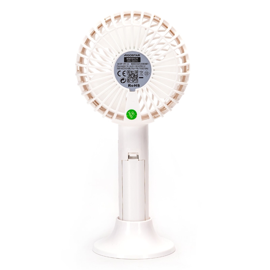 Aigostar - Nabíjecí kapesní ventilátor 3W/5V 1500mAh USB bílá