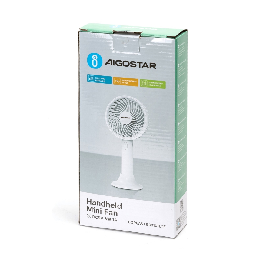 Aigostar - Nabíjecí kapesní ventilátor 3W/5V 1500mAh USB bílá