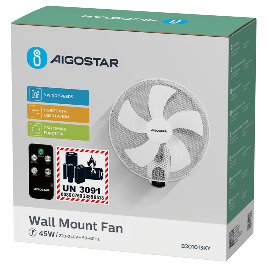 Aigostar -  Nástěnný ventilátor 45W/230V bílá + dálkové ovládání