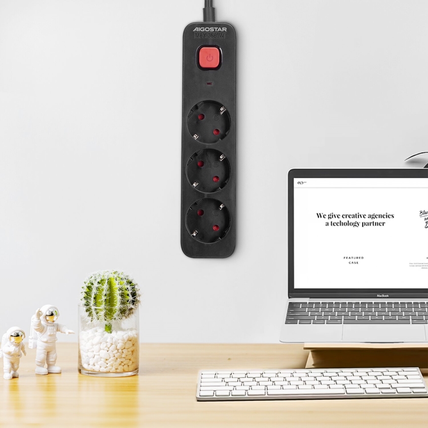 Aigostar - Prodlužovací kabel s vypínačem 3Z Typ F 1,5m SCHUKO černá