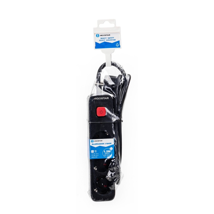 Aigostar - Prodlužovací kabel s vypínačem 3Z Typ F 1,5m SCHUKO černá