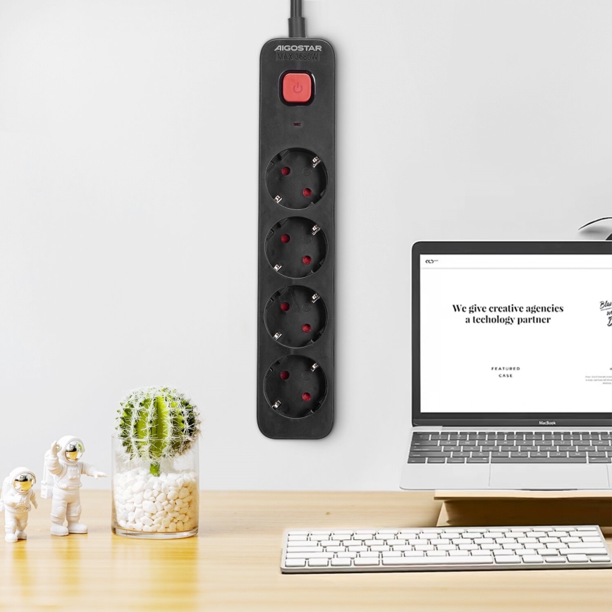 Aigostar - Prodlužovací kabel s vypínačem 4Z Typ F 1,5m SCHUKO černá