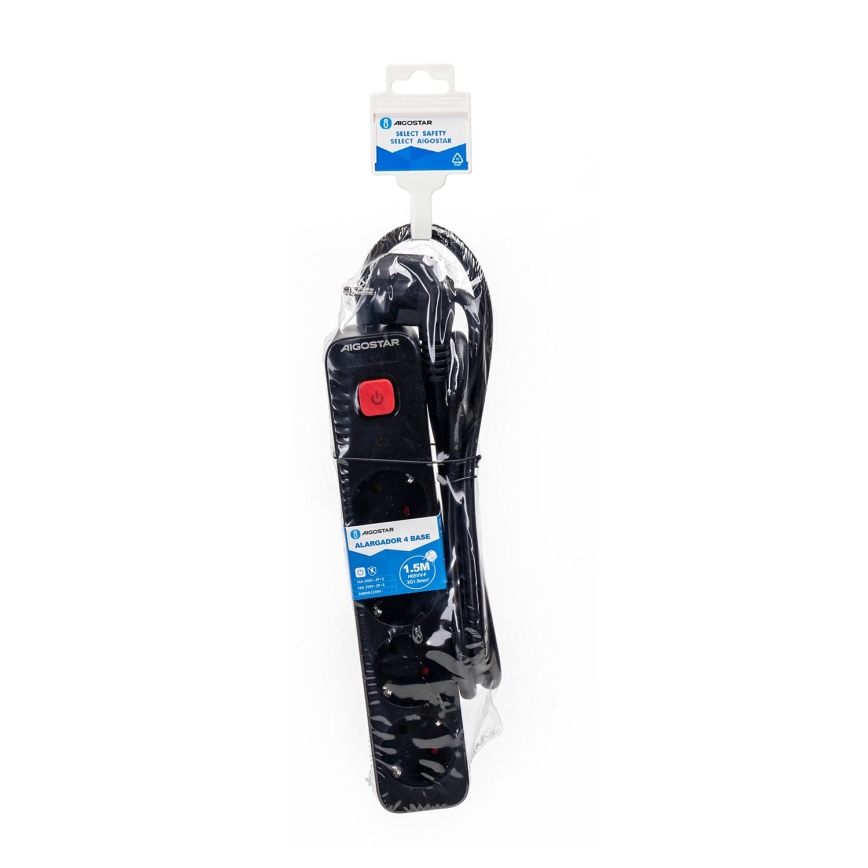 Aigostar - Prodlužovací kabel s vypínačem 4Z Typ F 1,5m SCHUKO černá
