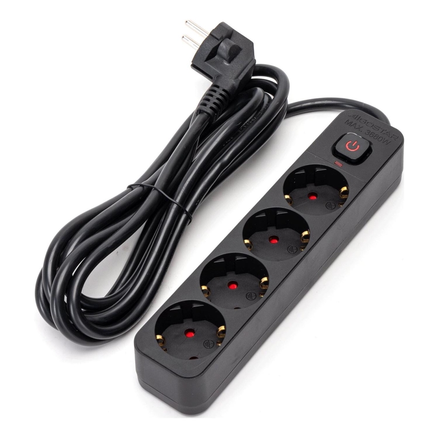 Aigostar - Prodlužovací kabel s vypínačem 4Z Typ F 3m SCHUKO černá