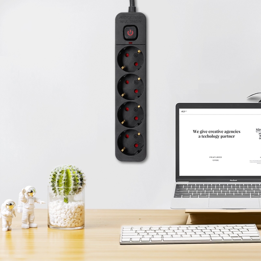 Aigostar - Prodlužovací kabel s vypínačem 4Z Typ F 3m SCHUKO černá