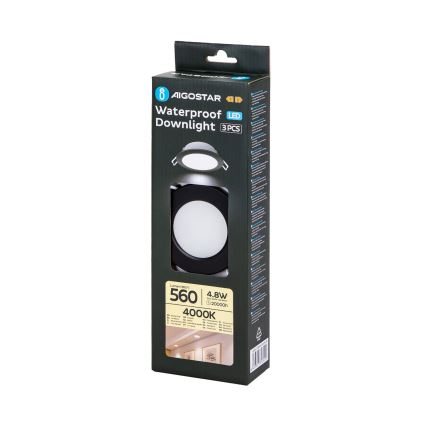 Aigostar - SADA 3x LED Koupelnové podhledové svítidlo LED/4,8W/230V 4000K IP65 černá