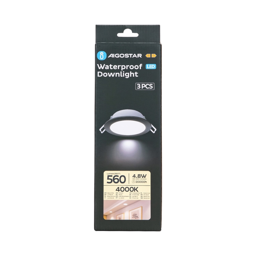 Aigostar - SADA 3x LED Koupelnové podhledové svítidlo LED/4,8W/230V 4000K IP65 černá