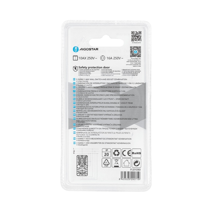 Aigostar - Spínač domovní 2P se zásuvkou 1x10A/250V SCHUKO
