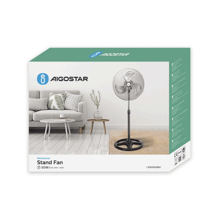 Aigostar - Stojanový ventilátor 50W/230V pr. 50 cm chrom/černá
