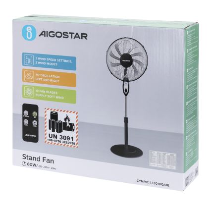 Aigostar - Stojanový ventilátor 55W/230V 130 cm černá + dálkové ovládání