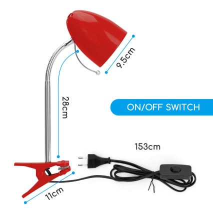 Aigostar - Stolní lampa s klipem 1xE27/11W/230V červená/lesklý chrom
