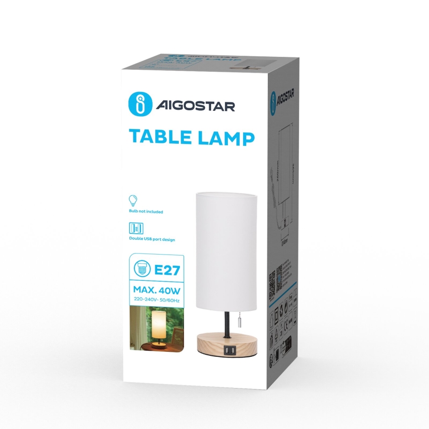 Aigostar - Stolní lampa s USB portem 1xE27/40W/230V béžová