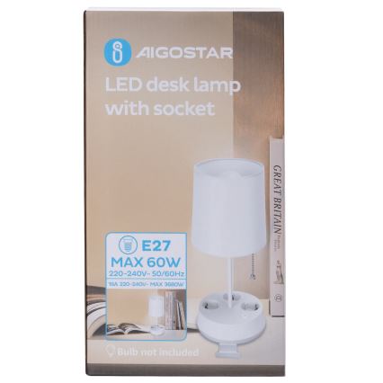 Aigostar - Stolní lampa se zásuvkami 1xE27/60W/230V bílá