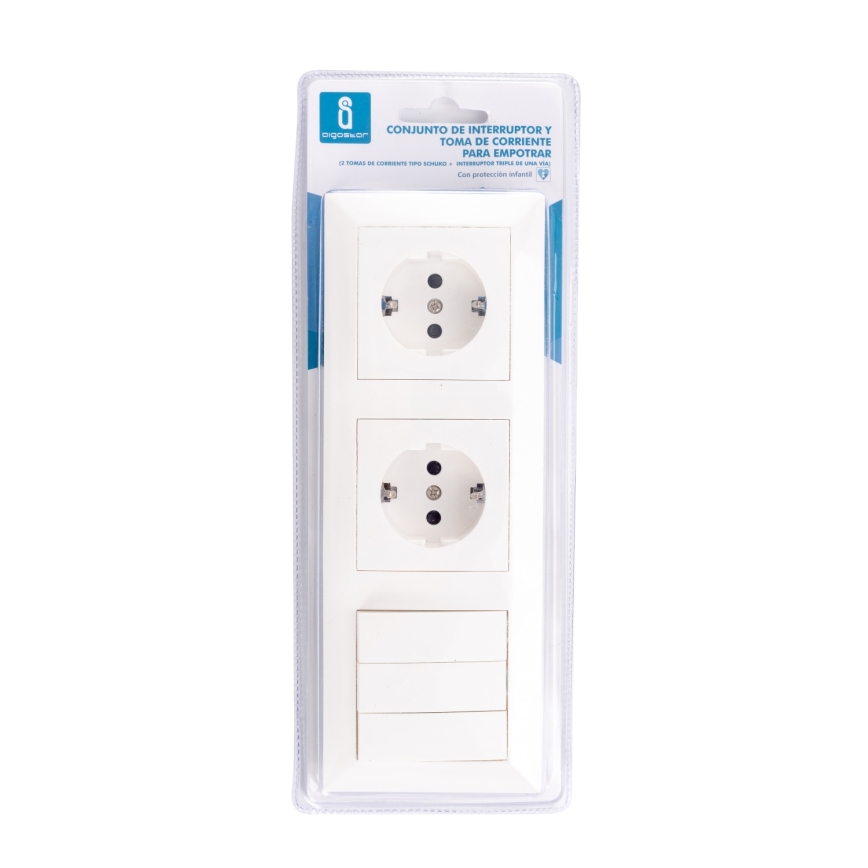 Aigostar - Trojitý vypínač č. 3 a 2x zásuvka SCHUKO 230V s rámečkem bílá