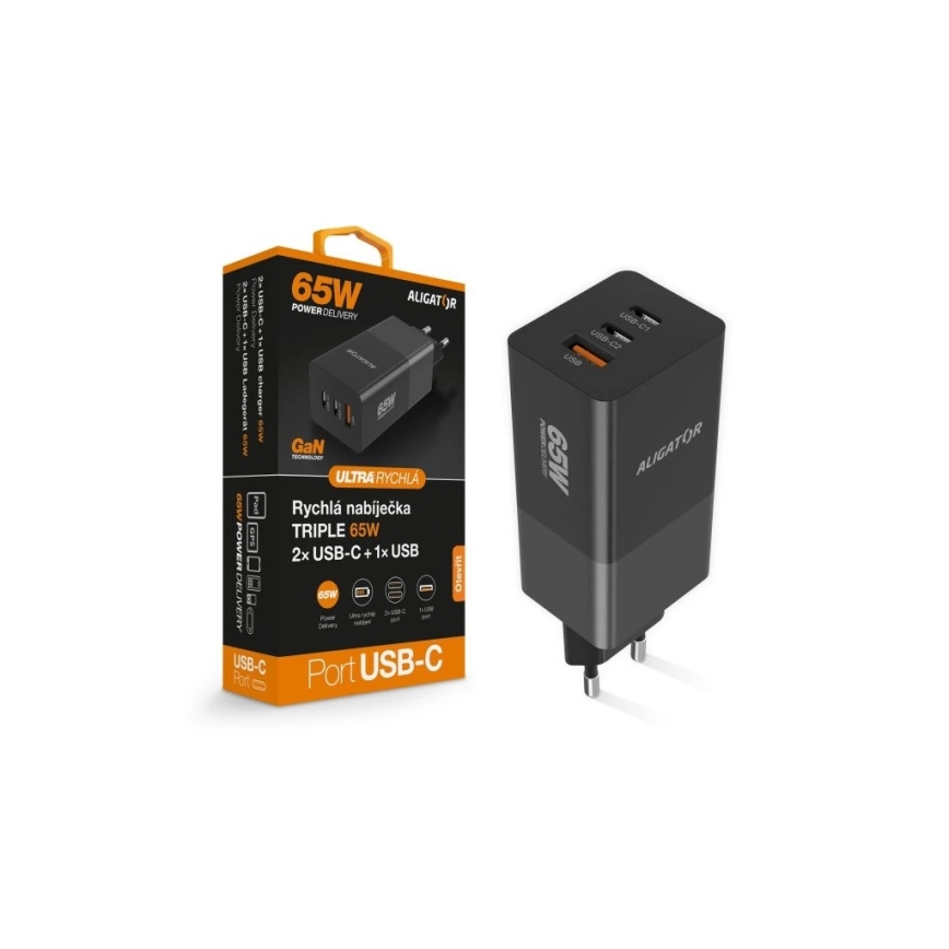 Aligator CHPD0027 - Rychlonabíjecí adaptér GaN Power Delivery 65W 2xUSB-C + USB-A černá