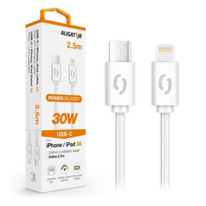 Aligator DATKP61 - USB kabel USB-C / Lightning 30W Power Delivery 2,5m bílá