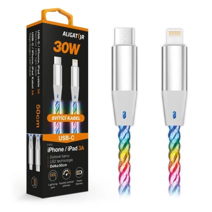 Aligator DATKP65 - USB kabel USB-C / Lightning s LED podsvícením 30W Power Delivery 0,5m