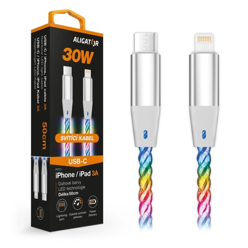 Aligator DATKP65 - USB kabel USB-C / Lightning s LED podsvícením 30W Power Delivery 0,5m