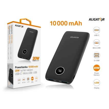 Aligator PBPD10BK - Power Bank s LCD displejem Power Delivery 10000 mAh/20W/3,7V černá