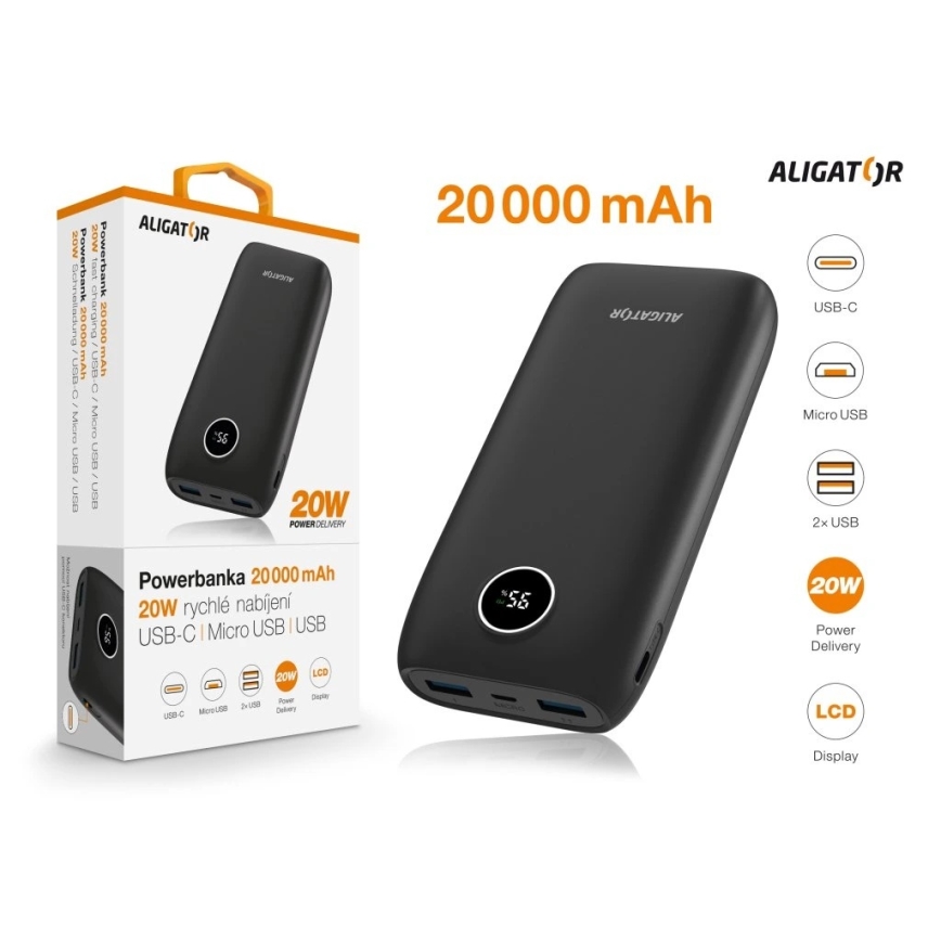 Aligator PBPD20BK - Power Bank s LCD displejem Power Delivery 20000 mAh/20W/3,7V černá