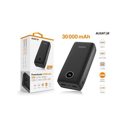 Aligator PBPD30BK - Power Bank s LCD displejem Power Delivery 30000 mAh/20W/3,7V černá